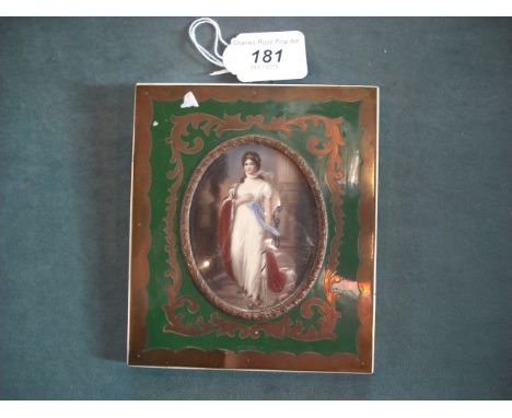 An early 20th century portrait miniature of a young female courtesan, full length, wearing white robe with velvet cape, stand