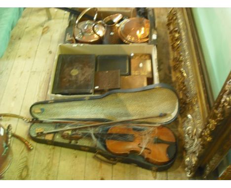 Two boxes of various items, including a Victorian copper kettle, warming pan, a cased violin, walnut jewellery box, cased par