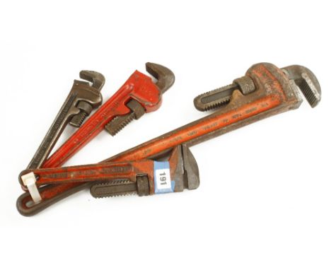 Three RIGID adjustable wrenches by RIDGE TOOL Co OHIO and another by RECORD 10" to 22" overall G 