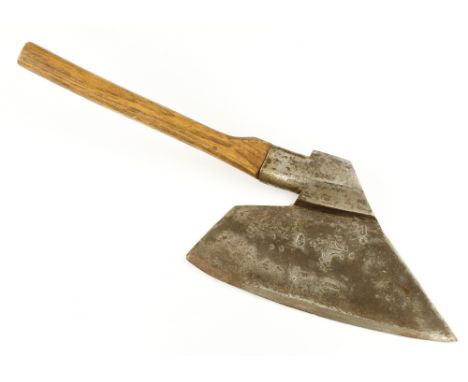 An 18c Austrian R/H broad axe with floral decoration and three blacksmith's touch marks and 14" edge G+ 