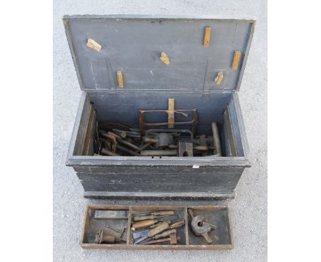 A pine tool chest 37" x 19" x 20" with some wheelwrights tools G