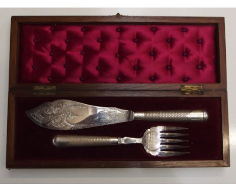 Victorian oak cased set of silver plated fish servers, engine turned handles withdate kite marks and bright cut decoration, c