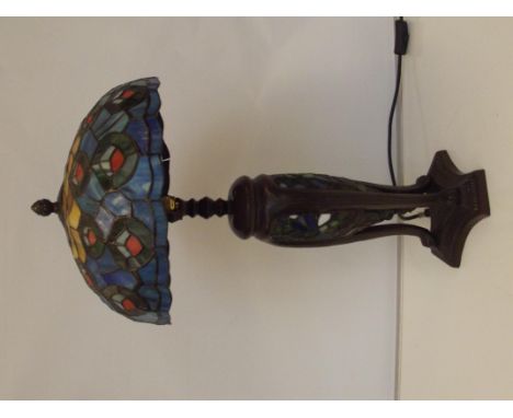 Art Nouveau style leaded table lamp, (finial on shade needs attention) height 60cm