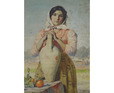Luigi Di Giovanni (1856-1936) Water Colour Portrait of a Young Lady Resting During Harvest. Image 35x47cm