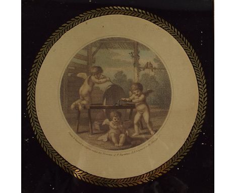 An 18th Century Gilt Framed Print of Putti Sharpening their Arrow Heads, by Stefano Bartolozzi, in a Verre Eglomise Mount. 21