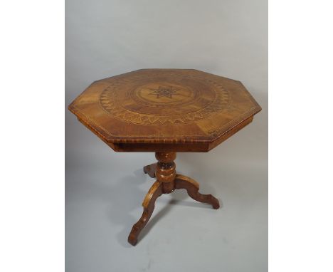 A 19th Century Octagonal Inlaid Italian Tripod Table with Scrolled Supports and Geometric Design to Top. 81cm Diameter, 75cm 