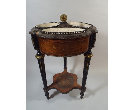 An Unusual 19th Century Three Well Planter for Restoration. Reeded Ebonised Supports with Ormolu Mounts-Inlaid Walnut Panels 