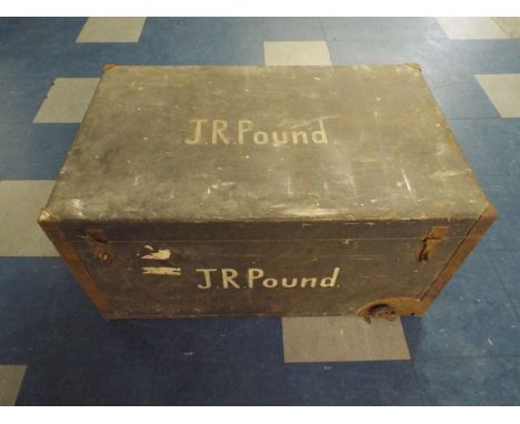 An Iron Bound Wooden Travelling Trunk Inscribed J.R. Pound