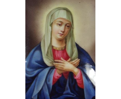 A Continental White Metal Frame with Painted Porcelain Plaque Depicting Mary to one Side and Text on Enamel Verso (Damage to 
