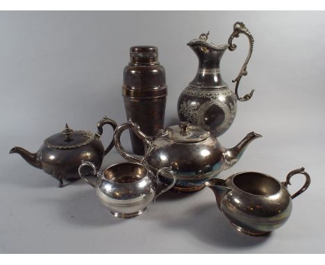 A Collection of Silver Plate to Include Walker and Hall Tea Service, Hot Water Jug, Tea Pot and Cocktail Shaker.