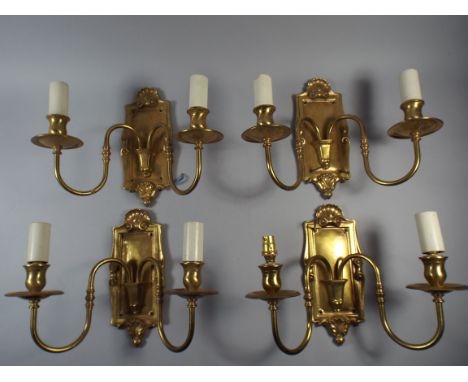  Set of Four Brass Wall Lights with Scrolled Decoration and Scalloped Finial. 24.5cm Max Height