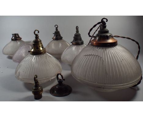 A Set of Six Etched Glass Lamp Shades with Brass Fittings Together with One Larger Example. Damage to the Majority. Largest 2