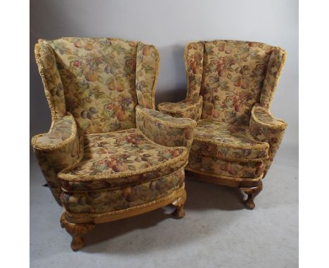 A Pair of Tapestry Upholstered Wing Armchairs on Carved Short Cabriole Front Legs Plus One Other.