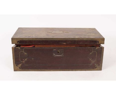 A 19th Century mahogany brass bound writing slope, engraved to the top Edward Pauline, enclosing a red leather writing slope 