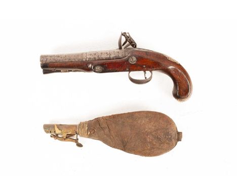 A flintlock pistol by Wogdon of London, engraved detail, marked Wodgon, 24cm long and a leather shot flaskRobert Wogdon manuf