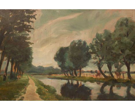 M Zurck (20th Century)Riverside Landscape inscribed with signature and dated '20 lower left oil on board  45cm x 66.5cm  Gene