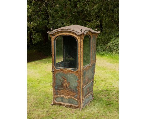 A sedan chair, possibly built by Duvernoy, son of Avignon, circa 1762-5, with full gilded sculptures to the original exterior