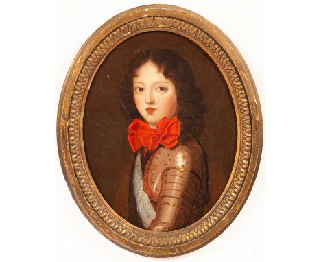 French School, 18th CenturyPortrait of a Young Aristocratic Boyhalf-length, wearing a red bow, a sash and cuirassovaloil on c