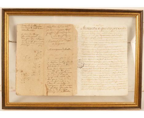 Three framed French manuscript lease deeds in connection with the leases and ownership of properties; one dated 17th May 1401