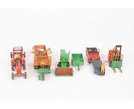 Dinky Toys, 401 Coventry Climax fork lift truck, 300 Massay Harris tractor, 520 Halesowen farm trailer, Massey Harris manure 