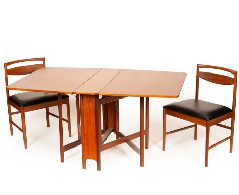 A MacIntosh teak drop leaf table, 91cm x 73.5cm and two teak chairs with black leather stuffover seatsSome ring marks to the 