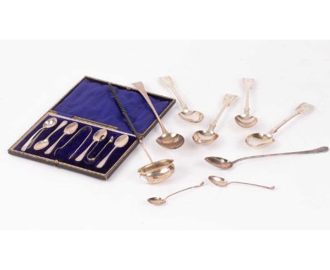 A George III silver basting spoon, CH, London 1787, four Victorian silver fiddle pattern tablespoons, various teaspoons and a