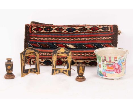 A pair of miniature easel back frames of Egyptian design, 10.5cm x 7.5cm, a conforming pair of miniature vases, 6cm high, a C
