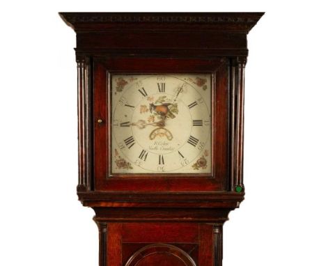 A thirty-hour oak longcase clock with a 12 inch painted dial, signed R Coles, North Crawley, florally painted spandrels with 