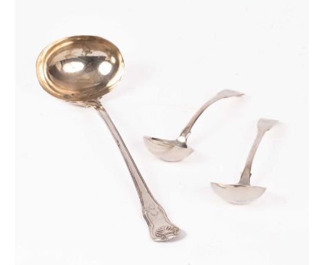 A George III silver soup ladle, London 1815, a pair of George IV silver sauce ladles, IW, London 1822 approximately 400g