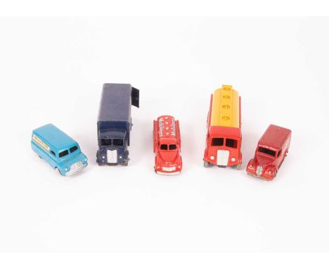 Dinky Supertoys, 514 Guy Lyons Swiss Rolls van, blue, Dinky toys 481 Bedford Ovaltine van, light blue, 991 AEC Monarch Thomps