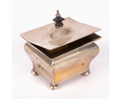 A 19th Century silver tea caddy, marks worn, Birmingham, ebony finial on bun feet, 10cm high x 9cm wide, approximately 184g i