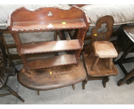 oak chair,stool,table and wall hanging shelf