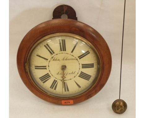 A German mahogany and pine wall clock, the painted dial signed John Schwarar, Scheffield. 11½' diam. Weights and chains lacki