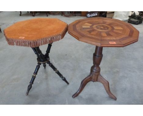 A Victorian ebonised and parcel gilt gypsy table and a Victorian oak marquetry tripod table