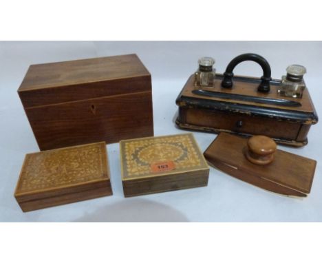 A 19th century inkstand, caddy box, blotter and two small marquetry boxes