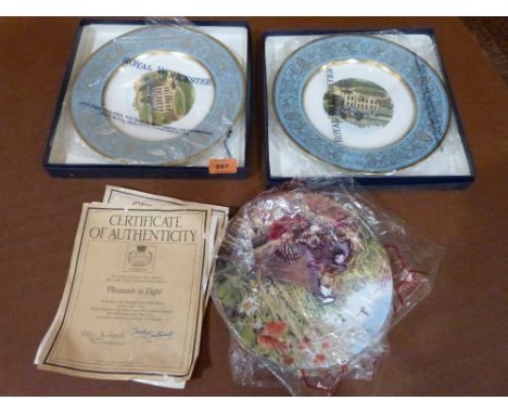 A pair of boxed Royal Worcester plates and three collector's plates