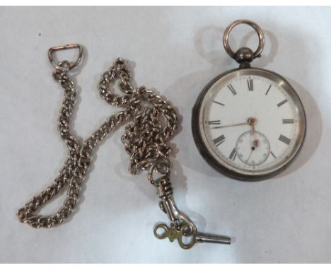 A silver lever watch with white metal Albert chain