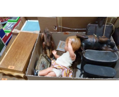 Two pairs of binoculars; vintage doll; petit-point clock; a canteen of cutlery; Oriental chess set etc.