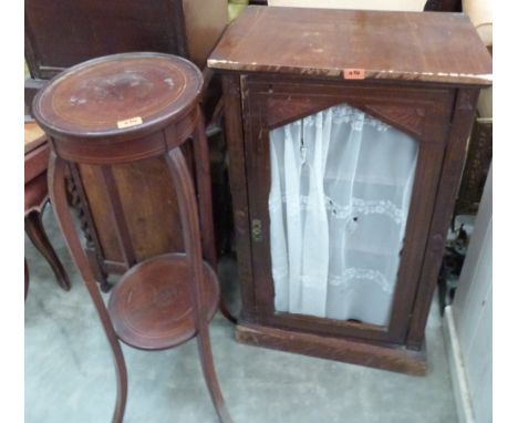 A line inlaid jardiniere stand, two cupboards and a commode