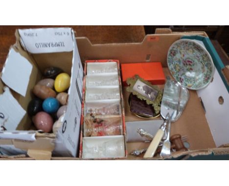 A gavel; plated spoon and fork, pair of Danish candle holders, 6 sherry glasses, hardstone eggs; brass frame and other object