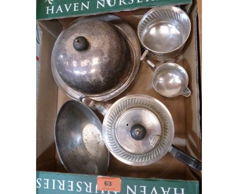 A plated three piece tea service, a muffin dish, stand and cover and a Danish navette pewter bowl