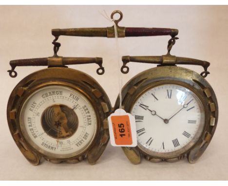 A brass equestrian design desk-top clock barometer, early 20th century. 10' wide