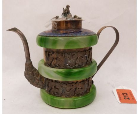 A Chinese white metal enamel and jade banded teapot, decorated with dragons. 4½ high