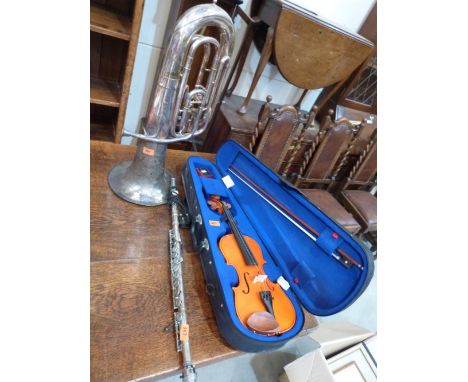 A Tuba by Besson &amp; Co; a cased violin and a flute converted to a lamp