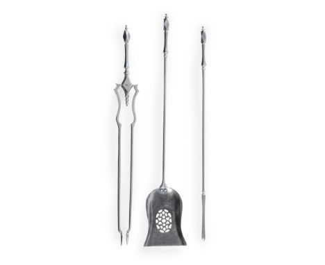 A SET OF THREE POLISHED STEEL FIRE TOOLS EARLY 19TH CENTURY Facetted handles shovel 84.5cm long