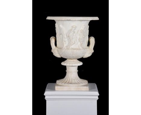 AFTER THE ANTIQUE, A LARGE CARVED MARBLE MEDICI VASE ITALIAN, 19TH CENTURY Of Krater form, twin handles flanking figural frie
