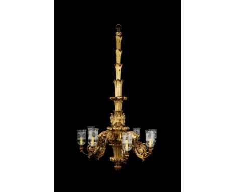 A LARGE AND IMPRESSIVE GILT AND LACQUERED BRASS EIGHT BRANCH CHANDELIER AFTER A DESIGN BY CHARLES HEATHCOTE TATHAM, CIRCA 182
