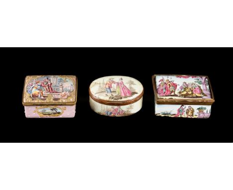 ENAMEL BOXES TO INCLUDE A GERMAN ENAMEL TABLE SNUFF BOX CIRCA 1800 of rectangular gilt metal mounted form , lid and interior 