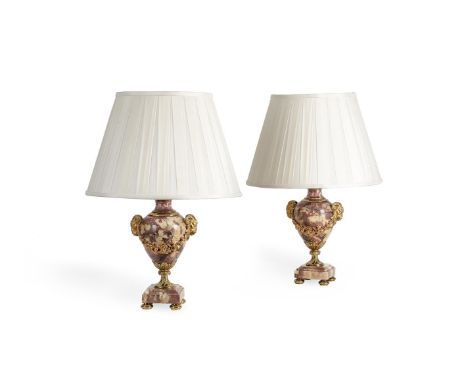 A PAIR OF PORTASANTA AND GILT METAL MOUNTED TABLE LAMPS FRENCH OR ITALIAN, LATE 19TH/EARLY 20TH CENTURY Each with ram head an