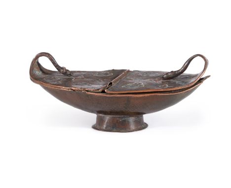 A SMALL LIMOGES ENAMELLED COPPER NAVETTE OR INCENSE BURNER 13-14TH CENTURY With covers at each end mounted on a central spind
